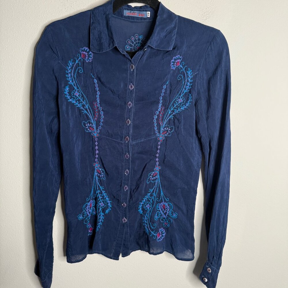 Johnny WAS Women's Blue Embroidered Long Sleeve Blouse  - Size XS‎ Extra Small